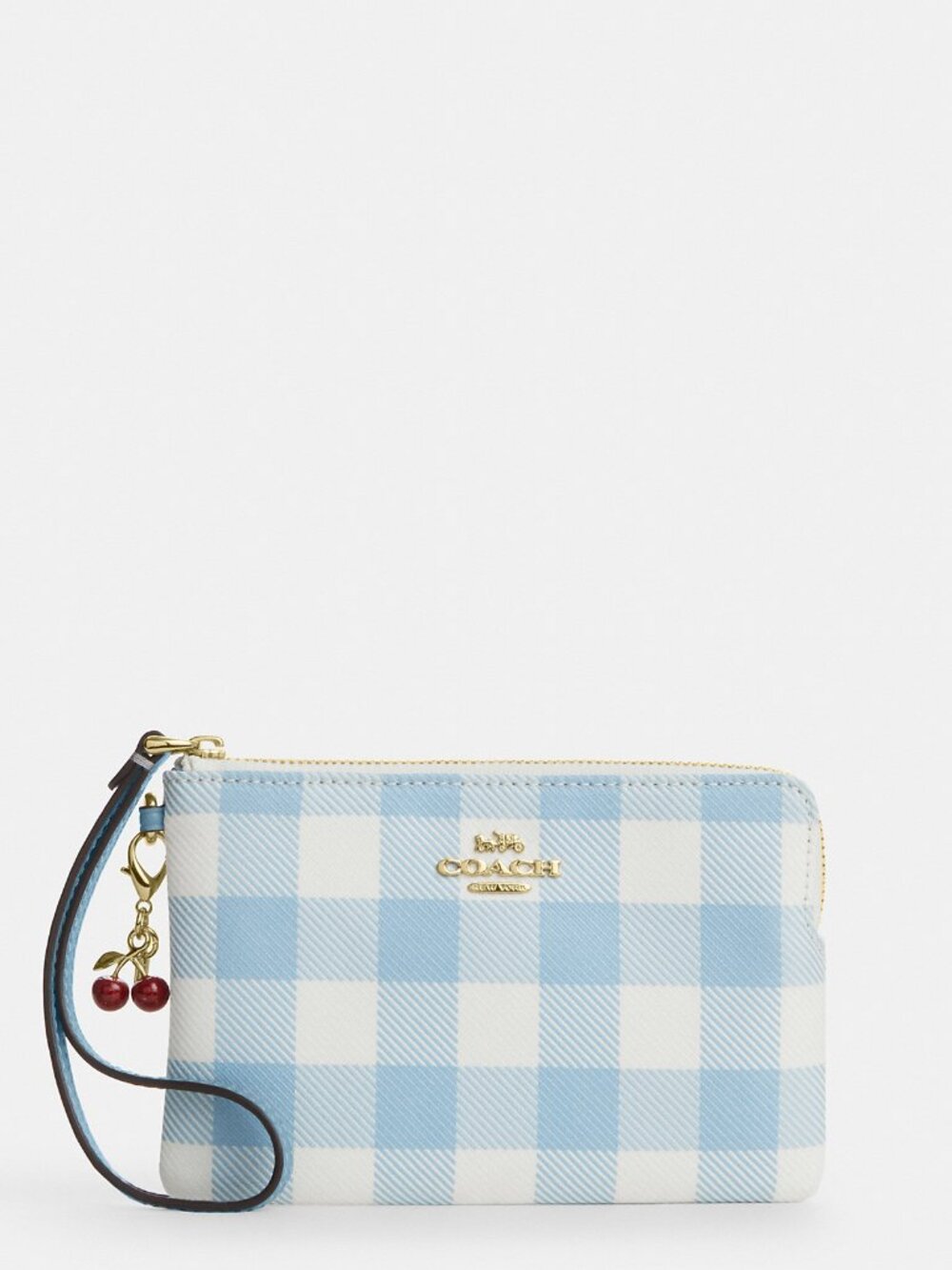 Coach Corner Zip Wristlet With Gingham Print And Charm - Picture 1 of 5